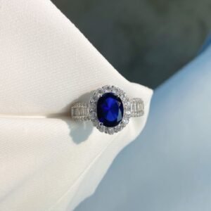 Flower Halo Oval Blue Cubic Zirconia S925 Pave Ring