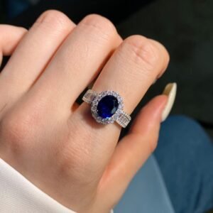 Flower Halo Oval Blue Cubic Zirconia S925 Pave Ring