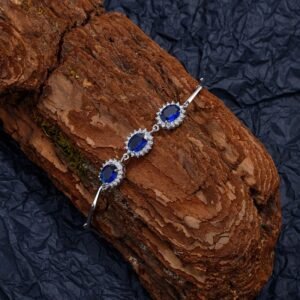 Flower Shaped Halo Blue Oval Zirconia S925 Bracelet