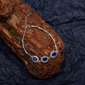 Flower Shaped Halo Blue Oval Zirconia S925 Bracelet