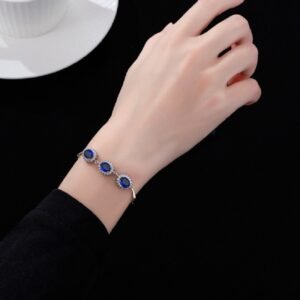 Flower Shaped Halo Blue Oval Zirconia S925 Bracelet