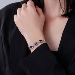 Flower Shaped Halo Blue Oval Zirconia S925 Bracelet