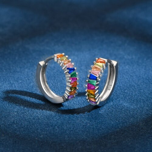 Half Pave Rainbow Cubic Zirconia Hoop Earrings