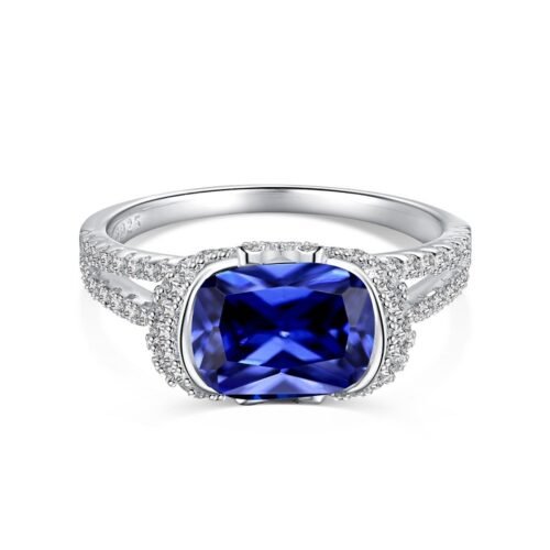 Halo East-West Oval Blue CZ S925 Split Shank Pave Ring