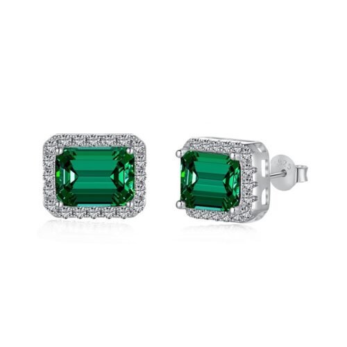 Halo Emerald Cut Green Cubic Zirconia Stud Earrings