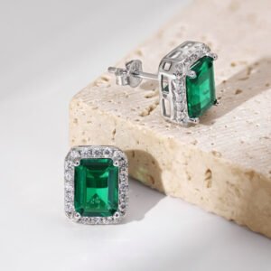 Halo Emerald Cut Green Cubic Zirconia Stud Earrings