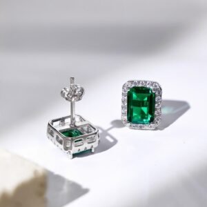 Halo Emerald Cut Green Cubic Zirconia Stud Earrings