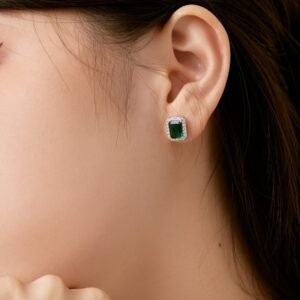 Halo Emerald Cut Green Cubic Zirconia Stud Earrings