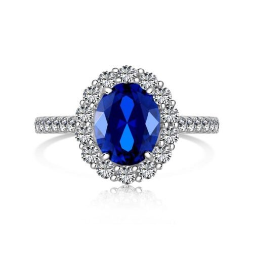 Halo Oval Blue Cubic Zirconia S925 Pave Ring