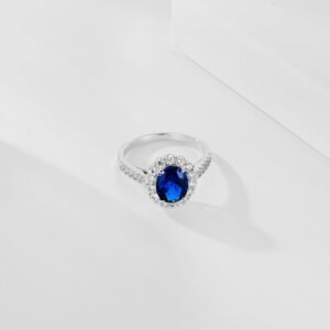 Halo Oval Blue Cubic Zirconia S925 Pave Ring