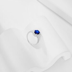 Halo Oval Blue Cubic Zirconia S925 Pave Ring