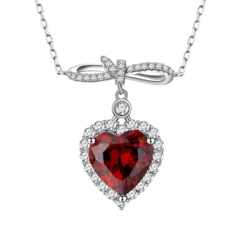 Halo Red Heart-shape CZ Pendant 925 Sterling Silver Necklace