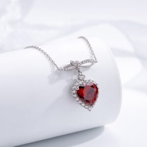 Halo Red Heart-shape CZ Pendant 925 Sterling Silver Necklace