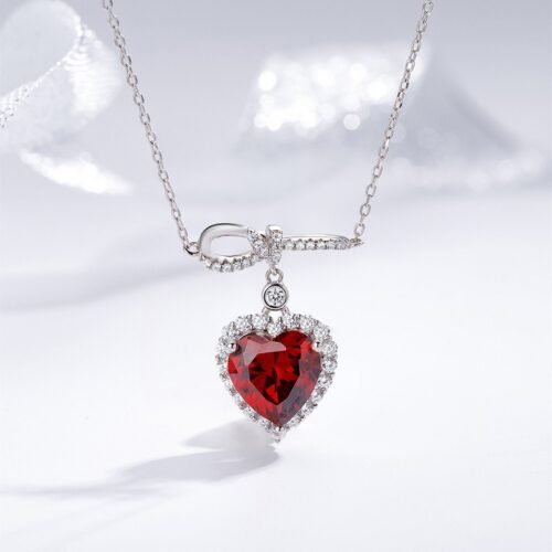 Halo Red Heart-shape CZ Pendant 925 Sterling Silver Necklace