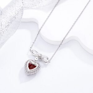 Halo Red Heart-shape CZ Pendant 925 Sterling Silver Necklace