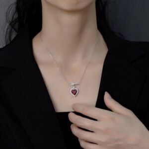 Halo Red Heart-shape CZ Pendant 925 Sterling Silver Necklace