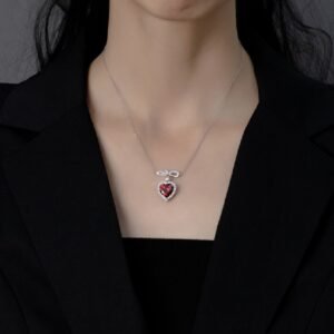 Halo Red Heart-shape CZ Pendant 925 Sterling Silver Necklace