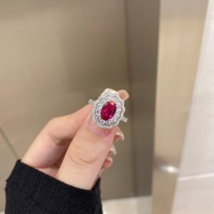 Luxury Double Halo Oval Red CZ S925 Pave Ring