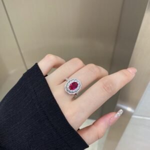 Luxury Double Halo Oval Red CZ S925 Pave Ring