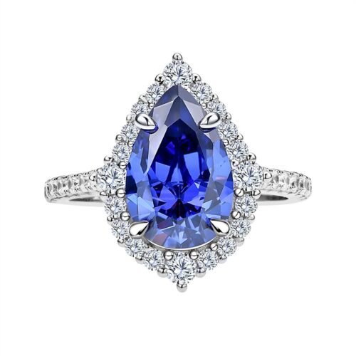 Luxury Halo Pear Shape Blue CZ Pave Ring