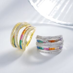 Multi-Layer Emerald Cut Rainbow Cubic Zirconia Band