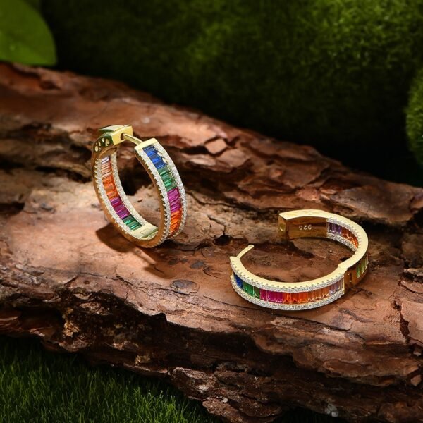 Pave Channel Rainbow Cubic Zirconia Hoop Earrings
