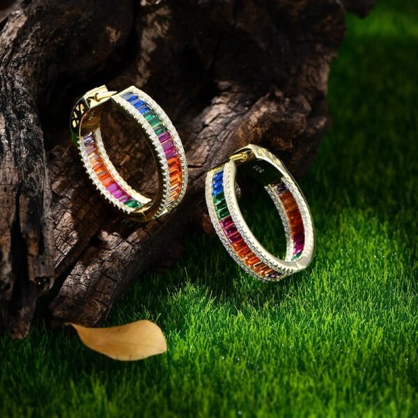 Pave Channel Rainbow Cubic Zirconia Hoop Earrings