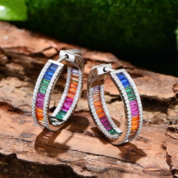 Pave Channel Rainbow Cubic Zirconia Hoop Earrings