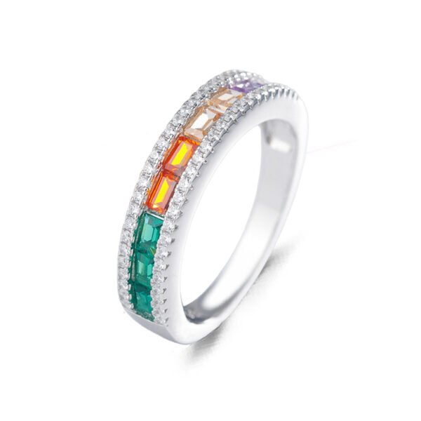 Pave Emerald Cut Rainbow Cubic Zirconia Ring
