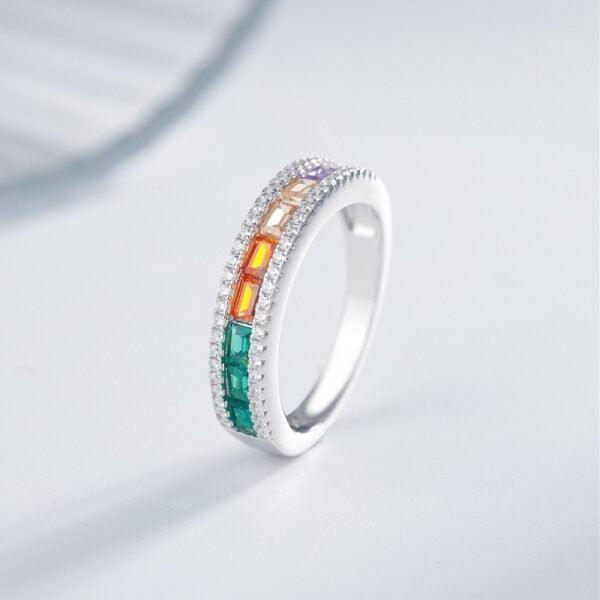 Pave Emerald Cut Rainbow Cubic Zirconia Ring