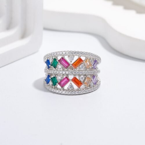 Personality Wide Design Rainbow Cubic Zirconia Ring