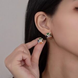 Rainbow Cubic Zirconia Cushion Halo Drop Earrings