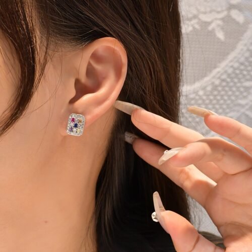 Rainbow Cubic Zirconia Cushion Halo Earrings