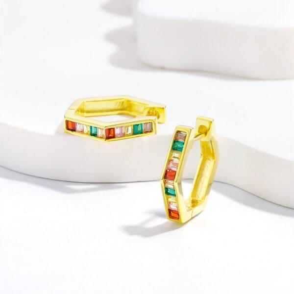Rainbow Cubic Zirconia Hexagon Hoop Earrings