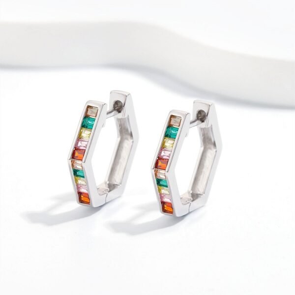 Rainbow Cubic Zirconia Hexagon Hoop Earrings