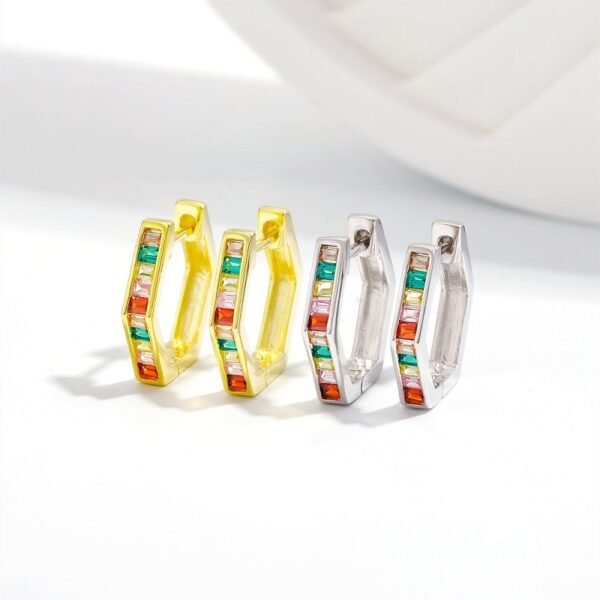 Rainbow Cubic Zirconia Hexagon Hoop Earrings
