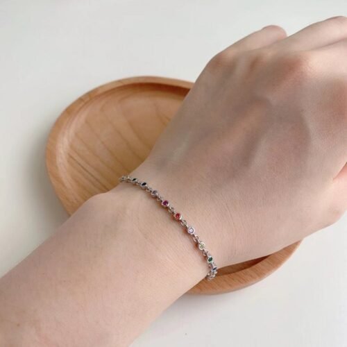 Round Rainbow Cubic Zirconia Bezel Link Bracelet
