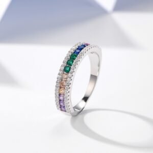 Round Rainbow Cubic Zirconia Pave Channel Ring