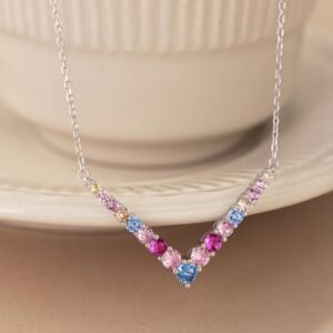 Round Rainbow Cubic Zirconia V Link Necklace