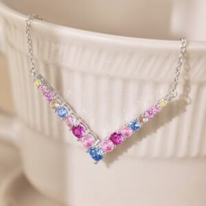 Round Rainbow Cubic Zirconia V Link Necklace