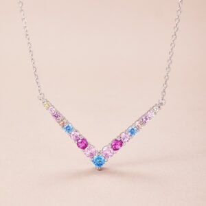 Round Rainbow Cubic Zirconia V Link Necklace