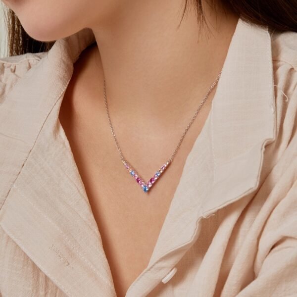 Round Rainbow Cubic Zirconia V Link Necklace