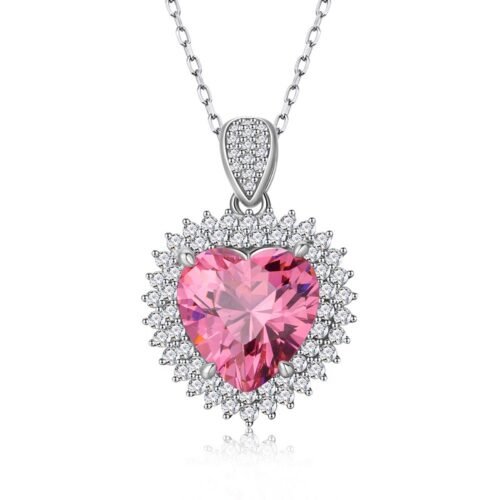 S925 Double Halo 12x12mm Heart Pink CZ Necklace