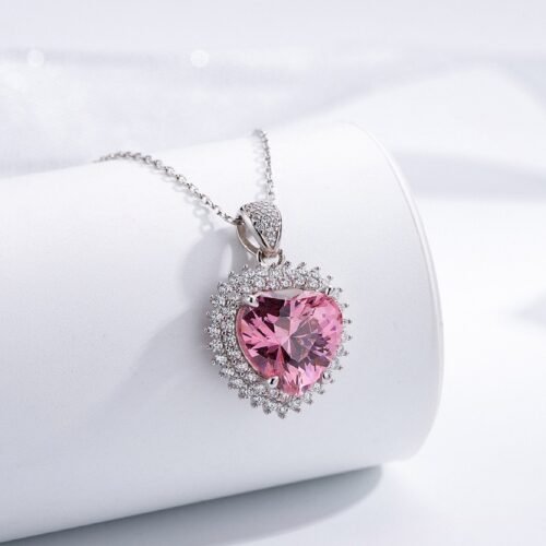 S925 Double Halo 12x12mm Heart Pink CZ Necklace