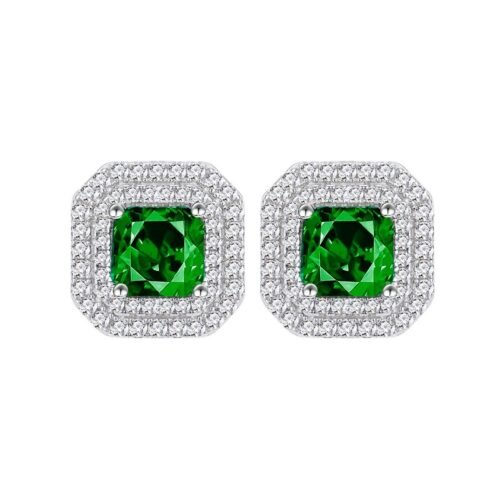 S925 Double Halo Princess Cut Green CZ Stud Earrings