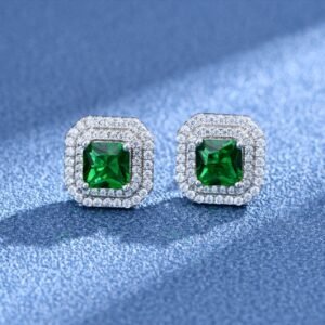 S925 Double Halo Princess Cut Green CZ Stud Earrings