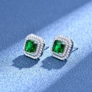 S925 Double Halo Princess Cut Green CZ Stud Earrings