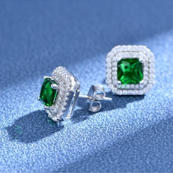 S925 Double Halo Princess Cut Green CZ Stud Earrings