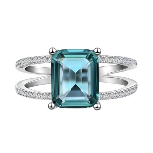 S925 Emerald Cut Cubic Zirconia Split Shank Pave Ring