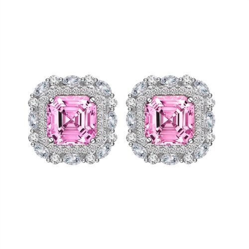 S925 Halo Asscher Cut Pink Zirconia Stud Earrings